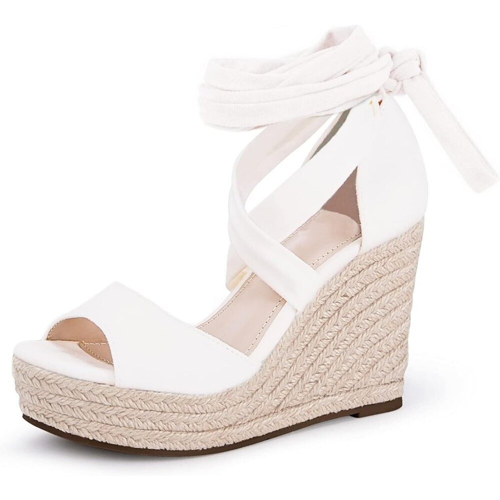 Women's White Wedges Open Ankle Strap Toe Tie Lace Up Sandals Heels Shoes